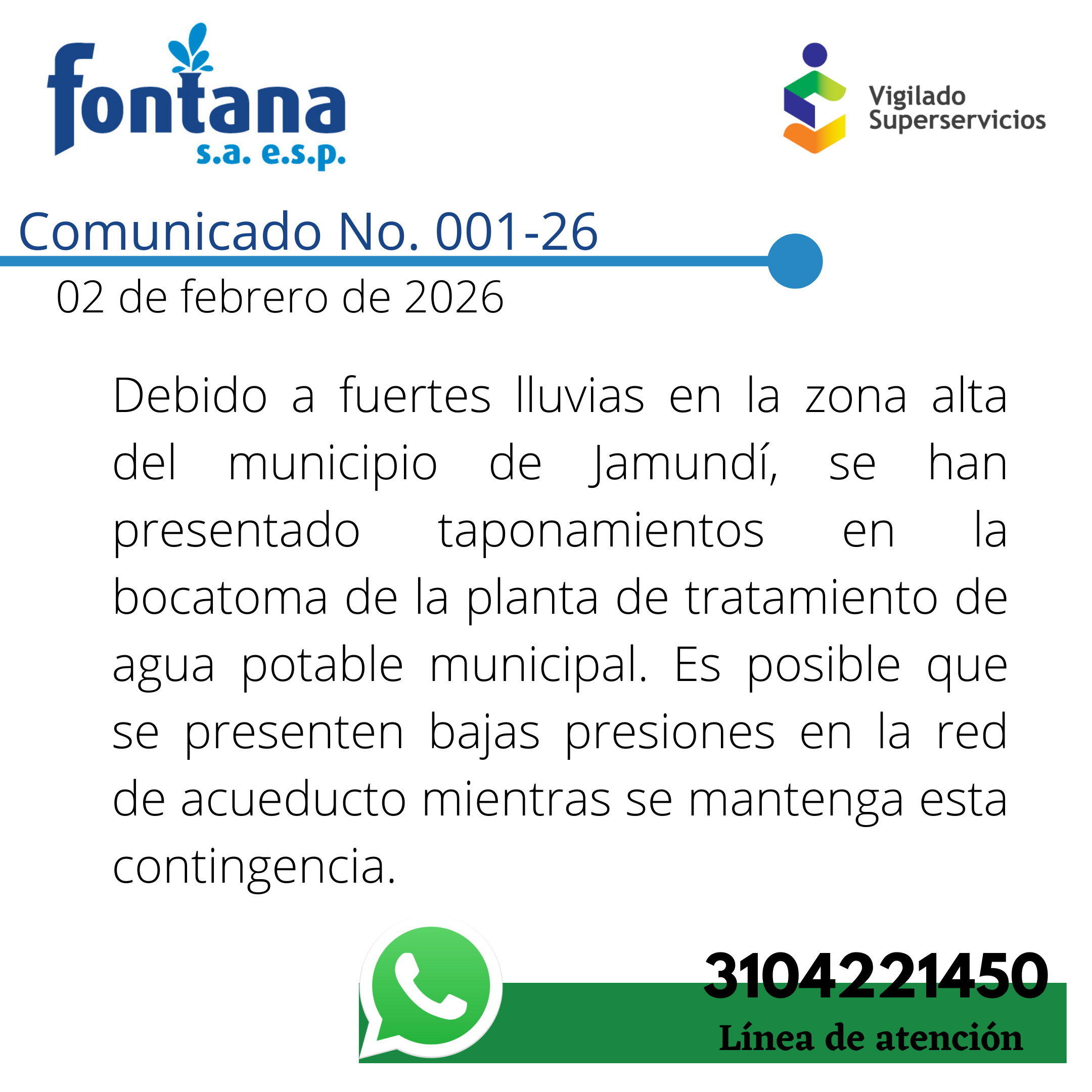 Comunicado No. 001-26 (Bocatoma)