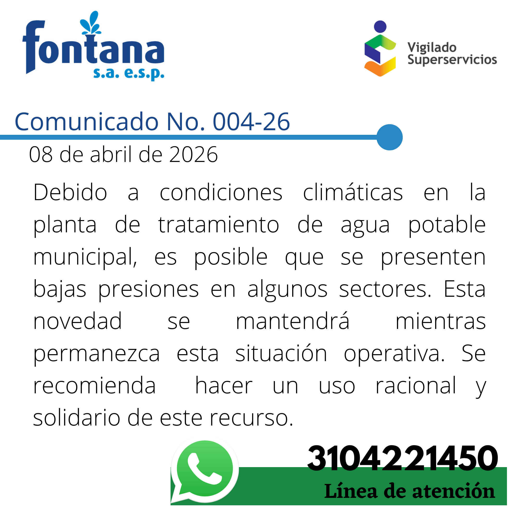 Comunicado No. 004-26 (Posible baja presion)