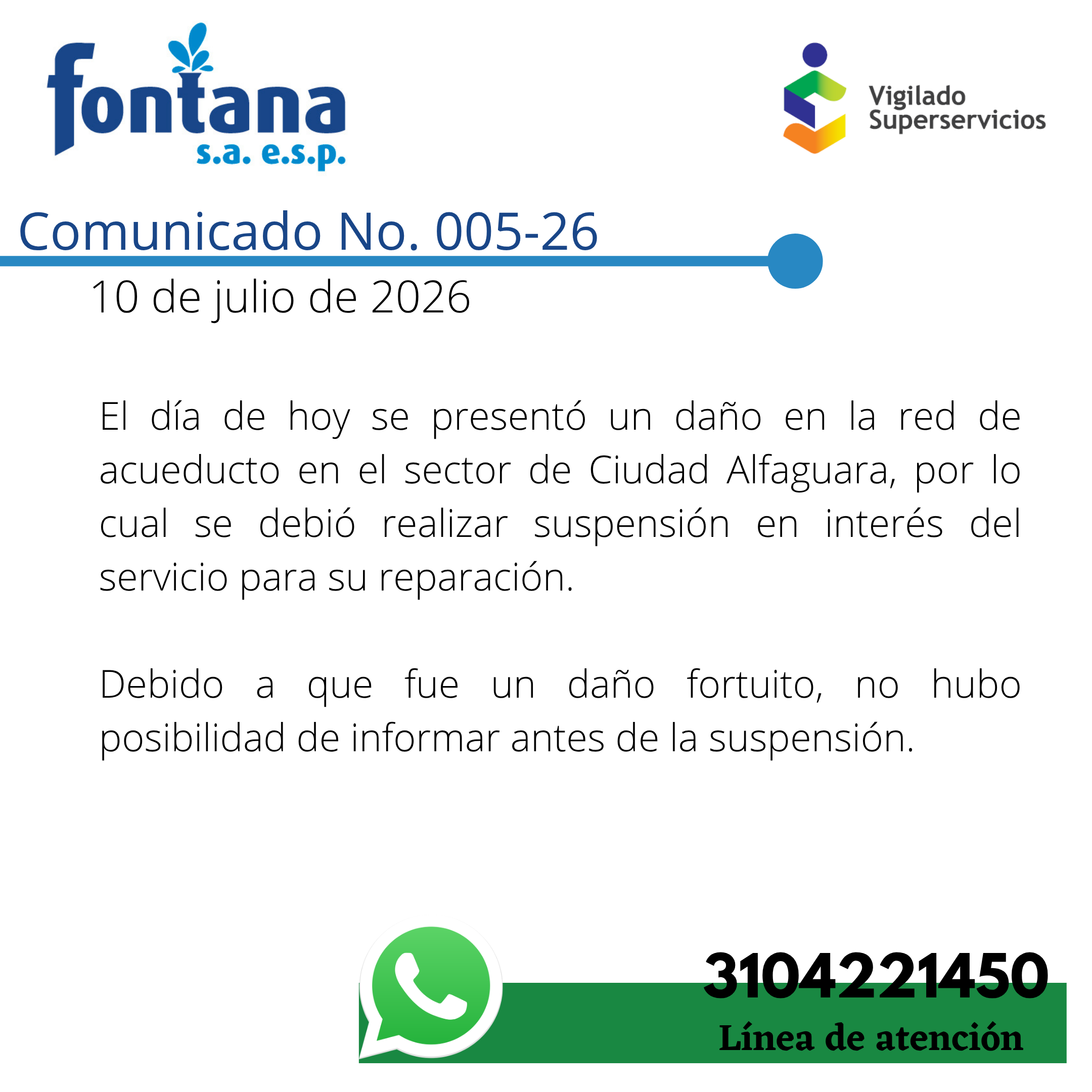 Comunicado No. 005-26 (Suspension por daño)